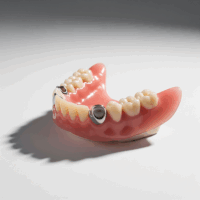 A partial denture with a metal clasp, designed to fill the space of one or more missing teeth.